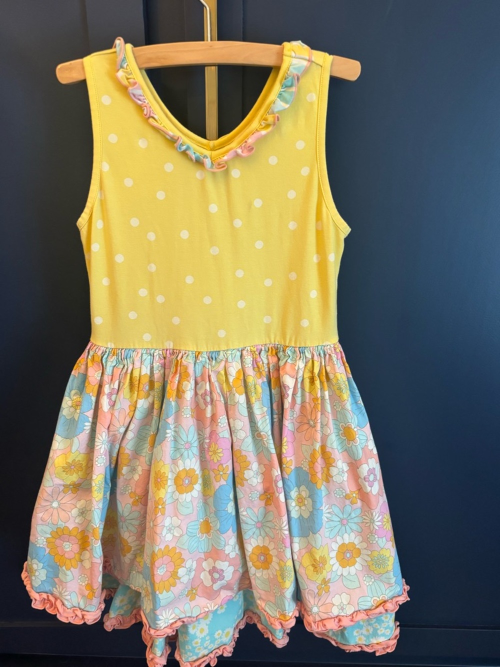 Matilda Jane Yellow Polka Dot Dress with Pastel Floral Skirt